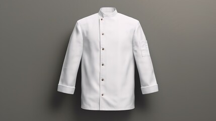 A 3D-rendered, empty white chef jacket, with buttons, is isolated in a front-view mockup. - obrazy, fototapety, plakaty