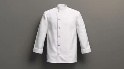 Fotobehang A 3D-rendered, empty white chef jacket, with buttons, is isolated in a front-view mockup. © ckybe