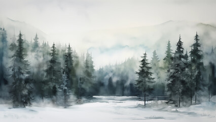 Fototapeta na wymiar Winter Landscape Watercolor Pine Tree Snow Covered Forest, 16:9