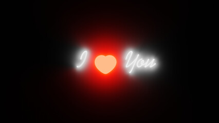 3D representation of the phrase I love you in a dark environment with lights highlighting names and hearts