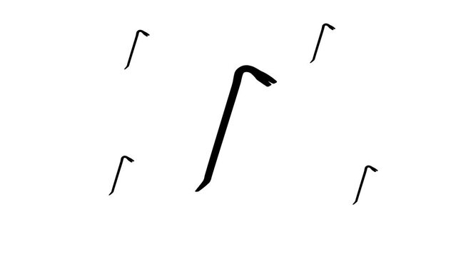 Zoom in and out animation the crowbar symbol. Large black symbol in the center and four small symbols around. Seamless looped 4k animation on white background