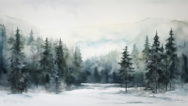 Winter Landscape Watercolor Pine Tree Snow Covered Forest, 16:9