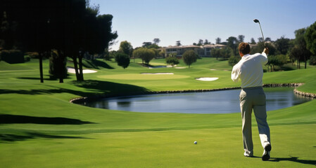 Obraz premium Persona jugando a golf en pista de golf verde