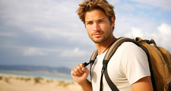 Chico joven guapo con mochila de excursi&oacute;n