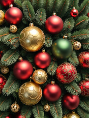 Gold and red christmas balls of different sizes on green colored pine branches, top view