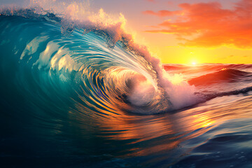 Perfect sea wave for surfing. Sea wave at sunset