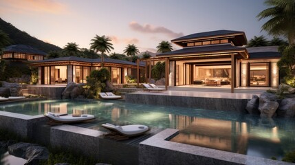 Fototapeta premium Luxury villa designed as a wellness retreat, including spa rooms, meditation gardens, and health focused amenities