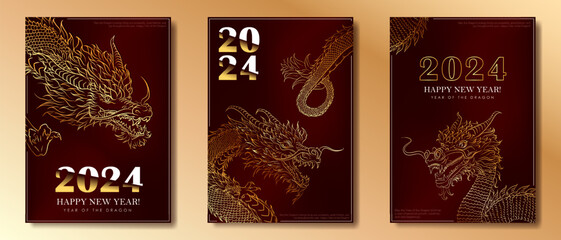 Set of Holiday posters with hand drawn Asian dragon for 2024 Lunar New Year. Red luxury A4 greeting card with golden dragon as Chinese traditional horoscope sign. Banners with mascot for Christmas eve