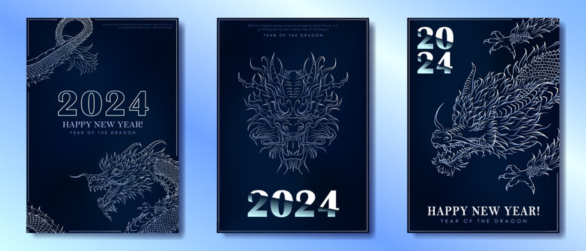 Set of greeting card with linear hand drawn Asian dragon as a symbol of 2024 New Year. Dragon as Chinese traditional horoscope sign on dark blue background. Minimalist A4 poster for Christmas holiday
