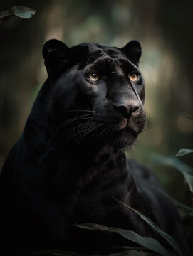 Portrait close up of a black panther in a jungle illustrated using generative Ai