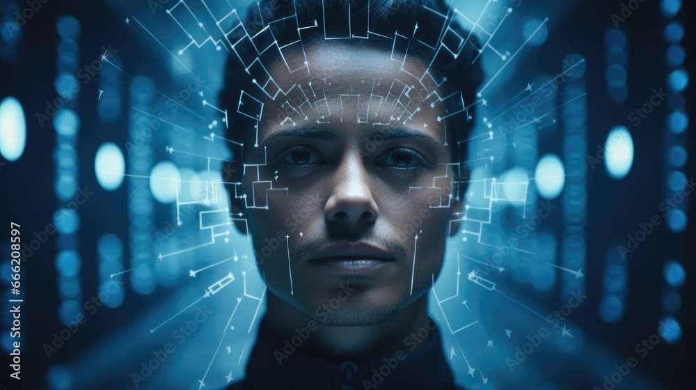 Aufkleber a person's face undergoing a facial recognition scan for verification, lights on face.