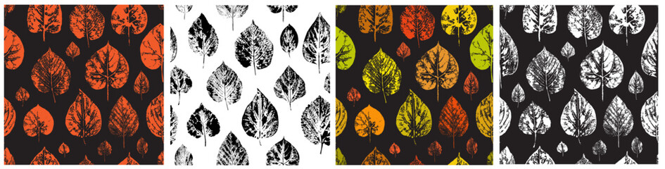 Set of seamless patterns. Autumn leaves. Imprints of natural leaves. Botanical ornament for the design of nature, fabric, textile, background, postcard, wrapping paper. Stock vector illustration.