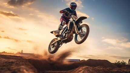 A motocross rider catching air off a dirt jump, bike and rider in perfect sync.