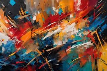 Closeup of a vibrant, abstract art painting with bold, multicolored brushstrokes on canvas.