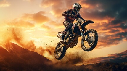 A motocross rider soaring through the air after a jump, bike and rider in perfect harmony.