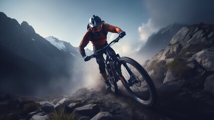 A mountain biker conquering a challenging trail, surrounded by breathtaking alpine scenery.