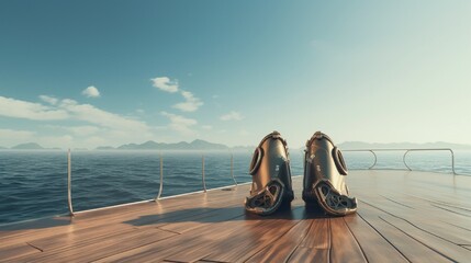 A pair of scuba diving fins and mask on a boat deck, ocean horizon in the distance.