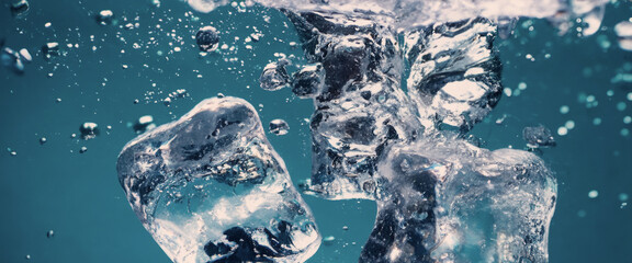 Water splashing and ice cube. Ice splashing into a glass of water. Underwater pouring ice cubes falling into clear watering background. Refreshing chill drinking. Ices in a glass with blue background