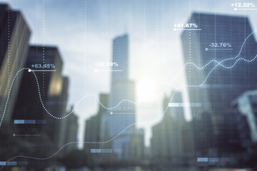 Abstract virtual analytics data spreadsheet on modern architecture background, analytics and analysis concept. Multiexposure