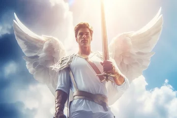 Fotobehang A shining angel in white clothes with a sword in his hand in the sky on the clouds, a defender of goodness and justice, a warrior of light, generation AI © Volodymyr