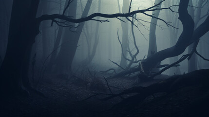 Naklejka premium An enigmatical foggy evergreen scenery with haunting beams of light exuding an eerie, suspenseful air.