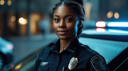 African American police woman standing by patrol car. - obrazy, fototapety, plakaty