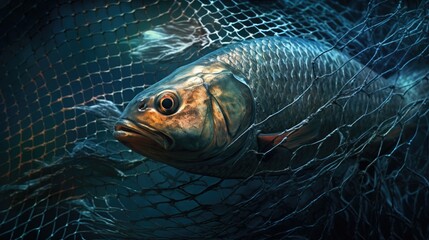 
Fishing with a net. Catching red fish. The fish is caught in a net in the water. Realistic illustration of a fish in a net. Fishing hobby, industry. Fish shop. Sale of fishing gear. Generative ai.