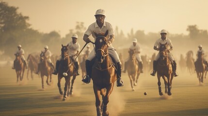 A polo match in progress, riders elegantly guiding their horses with mallets in hand. - obrazy, fototapety, plakaty