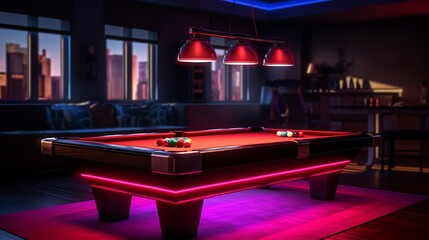 A professional-grade, illuminated snooker table with red and colored balls set up.