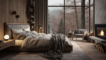 Cozy Bedroom with a Serene Ambiance in the Style of Scandinavian Interior Design with a Forest View