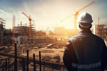 an engineer wearing safety protection hard hat looking towards construction site - obrazy, fototapety, plakaty