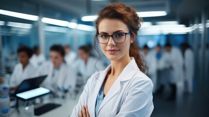 Fototapeta premium Beautiful woman scientist working in modern Medical Science Laboratory with Team of Specialists on background.