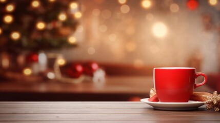 Wooden tabletop with red cup of coffee and blurred Christmas kitchen.