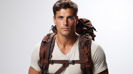 Fototapeta premium Hikers, captured against a pristine white background, stood as the focus of the photograph. Their rugged gear and outdoor attire were juxtaposed against the clean simplicity of the white canvas,