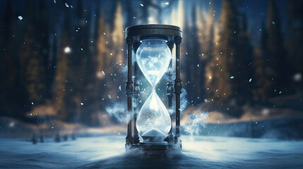 hourglass in winter forest - obrazy, fototapety, plakaty