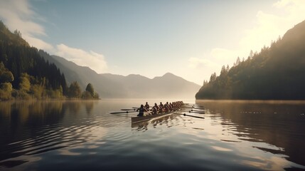 A rowing team gliding smoothly across a serene lake, oars perfectly synchronized. - obrazy, fototapety, plakaty