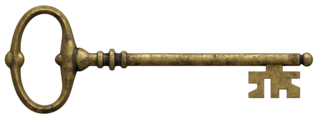 Dirty Brass Medieval Ornate Vintage Key. 3D Illustration