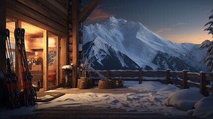 A set of skis and poles propped up against a cozy, snow-covered lodge.