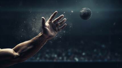 A shot putter in mid-throw, the heavy ball leaving their hand in a burst of power.