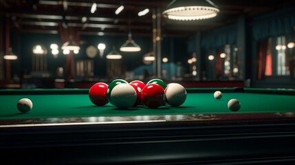 A snooker table with balls perfectly set for a game's commencement. - obrazy, fototapety, plakaty