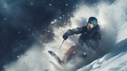 A snowboarder carving down a steep slope, a trail of powder behind them.