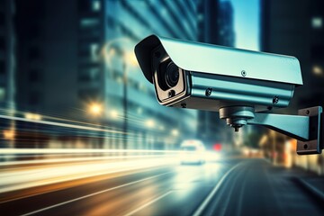 a cctv camera on a road monitoring traffic cars in a city - obrazy, fototapety, plakaty