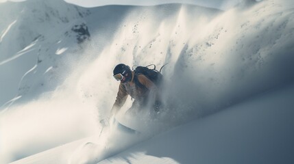 A snowboarder carving through fresh powder on a mountainside, leaving a trail of white behind.