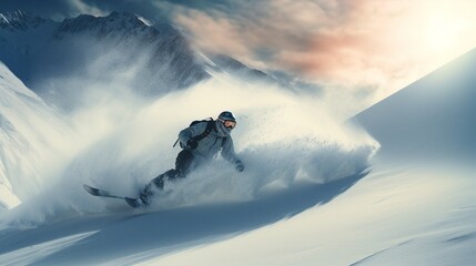 A snowboarder carving through fresh powder on a mountainside, leaving a trail of white behind. - Powered by Adobe