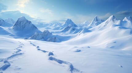 Fototapeta na wymiar A snowy mountain landscape with untouched ski tracks.