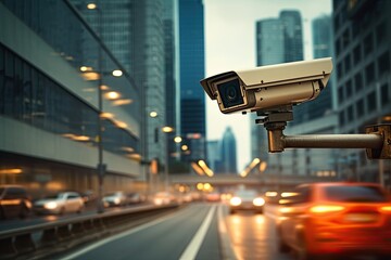 a cctv camera on a road monitoring traffic cars in a city