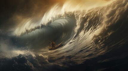 A surfer riding a massive wave, captured at the peak of the exhilarating moment.