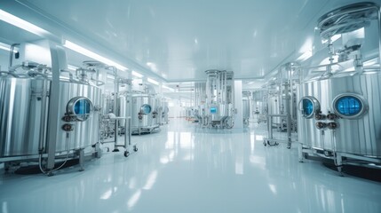 Metal tanks and lab equipment inside of biopharmaceutical medicine factory. - obrazy, fototapety, plakaty