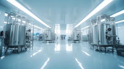 Metal tanks and lab equipment inside of biopharmaceutical medicine factory.