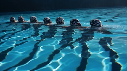 A synchronized swim team in perfect formation, creating intricate patterns in the water.